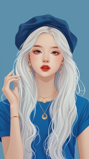 一个美丽的中国年轻女孩与白白的长发，戴着贝雷帽，耳环和项链，穿着蓝色短袖T恤，蓝色背景，平面插图，几何形状，孟菲斯风格，极简主义，超高清画质，超高清细节，8K