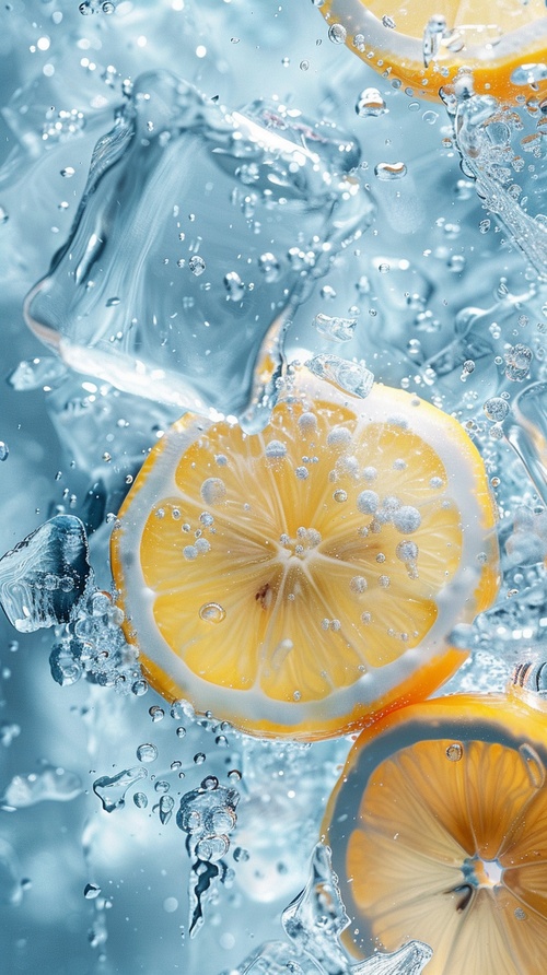 Lemon wallpaper white 775 HD in any style, ultra-realistic water, anime aesthetics, realistic scenes, resin, light blue, ice cubes, lameki, clear, transparent