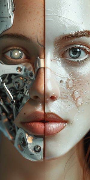 美女面部特写镜头，面部一半是机器人，另一半是真实人的照片，头部照片特写，照片写实风格，超高清画质。