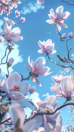 动漫，在蓝天下，玉兰花儿在枝头绽放，玉兰鸟立在树头低声吟唱，一片祥和安宁，附文字：今日春分