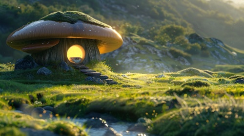 草原上，一坐圆形的蘑菇房，从房里望出去是无边际的草原，蘑菇房后面有一条小溪