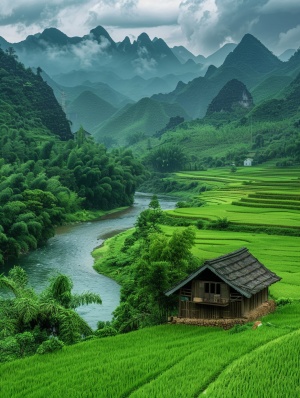 桂林山水,小屋,绿色稻田,河流,高清,远景拍照 。真实拍摄，现实拍摄