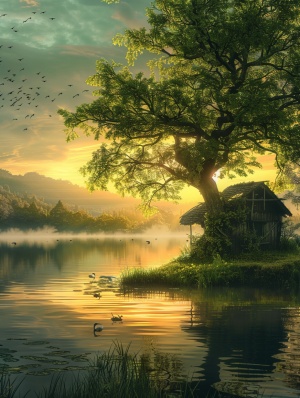 A small hut under a tree, a lake and grassy field in front of it, a yellow sunset sky, a green background, a photorealistic landscape photograph, a green light behind the house, a green fog on the water surface, a detailed view of nature, a small island with trees, a realistic photo, a green pond, a wide angle shot, a wooden cabin near an oak tree.