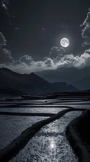月亮和云彩照亮了稻田上的天空，以喜怒无常的新黑色，安古拉基，光与影，# vfxfriday，上帝光芒，喜马拉雅艺术，voigtlander bessa r2m的风格