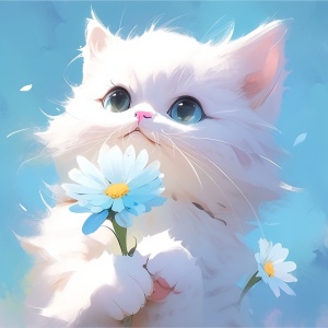 A lovely white cartoon cat, furry, with a blue flower in both hands, happy expression, blue background, high definition iw 2