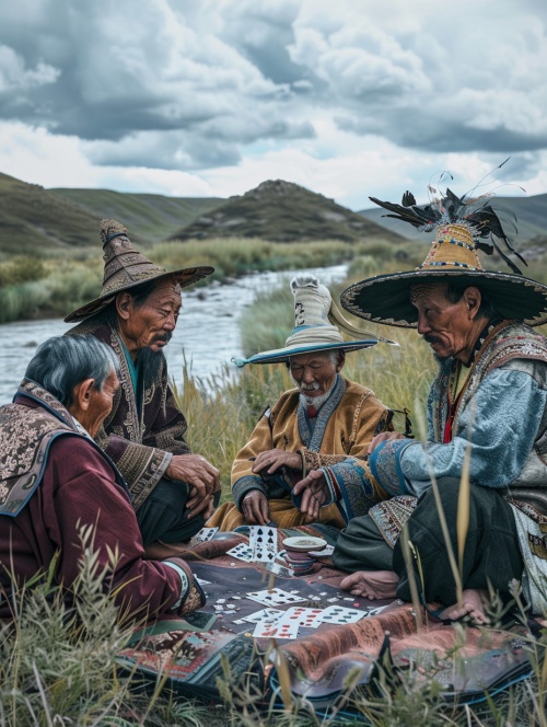 半阴半晴大草原，阴云密布，四个蒙古服装的草原汉子坐在河边打扑克。人物表情夸张，生动，景色真实。