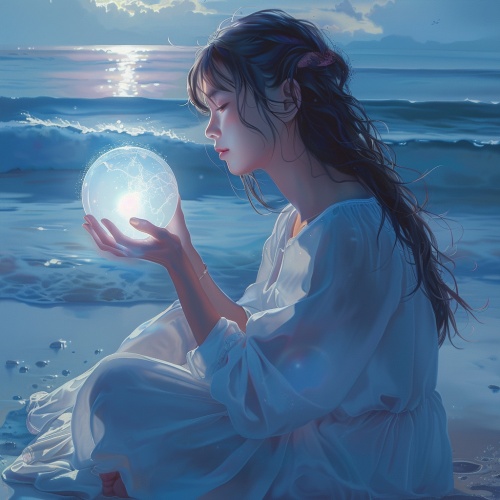 一个女孩海边坐着，低头闭着眼许愿，手里拿着一颗发光的水晶球。女孩面容精致好看，新海诚画风