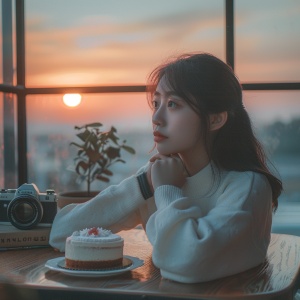 A young Asian woman, in modern attire, is sitting at a table with a delicious cake in front of her. She is looking at a beautiful sunset through a window. On the table, there is a camera with a photo she just took. In the background, a soft melody is playing, adding to the serene atmosphere. The overall tone of the image is warm and inviting, capturing a moment of shared happiness.