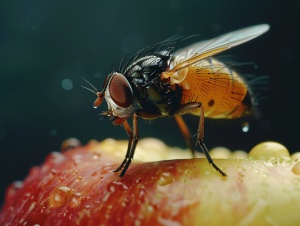 大师杰作，高清画质，一只果蝇在苹果上，微距，摄像风，超真实照片