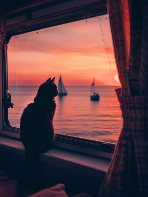 这是一个安静的时刻，孤独，一只黑猫坐在一辆房车的窗户上，大海和日落远处的地平线清晰可见，海里的船只在远处航行，从汽车小屋里往外看，粉红色的夕阳天空，黑色剪影的照片风格逼真。v 6