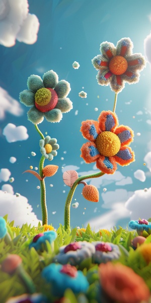 3D cartoon game scene,three flowers made of col orful wool in the air with green grass and blue sky background,inspired in the style of Pixar animatio n with exaggerated shapes and bright colors,exag gerated movements,clean background,artstation trending,high resolution