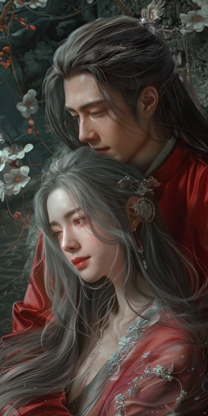 中国的吉小红和中国的常熟夫妇壁纸，在暗红色和黑暗的海蓝宝石，神秘和梦幻，逼真的图像，优雅，情感的面孔，动漫影响，32k uhd，暗金和浅红色的风格,完美的脸,露齿而笑,披肩发,灰发