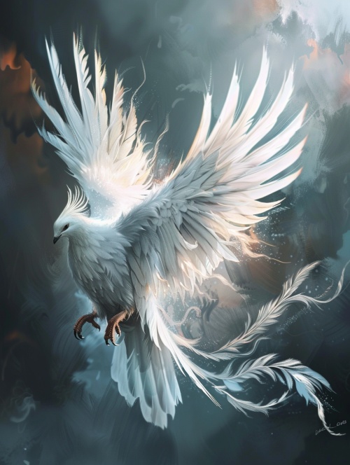 白色鸽子，宛如凤凰，羽毛洁白，展翅高飞，仙气灵动，少许黑色斑纹