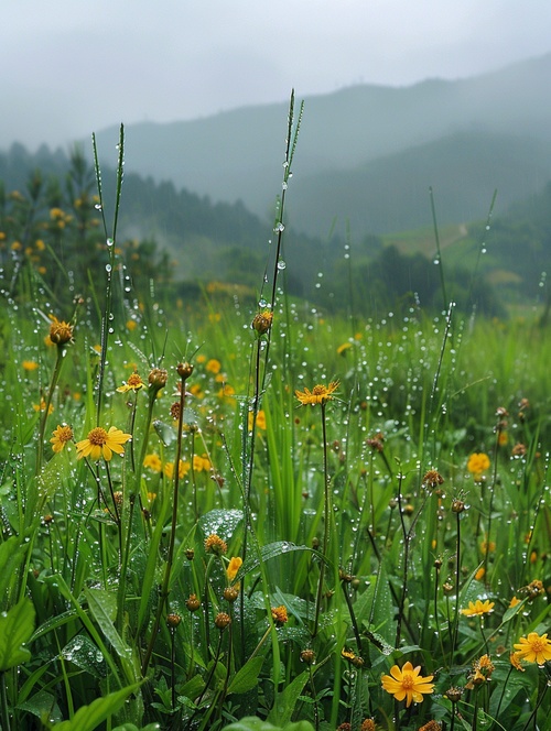 细雨绵绵春意寒，轻烟袅袅绕山间，山谷中隐约传来鸟语花香。蓝灰色的天空中弥漫着湿润的气息，微风轻拂着细雨滴在花瓣上。湿润的草地上，翠绿的小草仍然挺立着，它们身上沾满了雨露的痕迹。水滴顺着叶片滚落，在细雨中形成美丽的水珠。山间的青石路上映着微弱的光芒，被细雨洗涤得更加干净。在这样的春天，小鸟们在树梢上低语，花朵们含苞待放，山间弥漫着一片神秘而宁静的氛围。