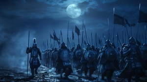 暮色中的秦国大军在月光下行进，铠甲反射着冷冽的月色。