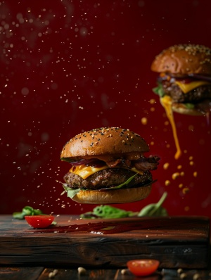 Commercial Photography, Splatted Cheese, Dark Tones, SuspendedLayered Hamburger Buns::1.3, White Lighting,8k Rendering,High Resolution Photography, Extraordinary Detail, Fine Detail, On SolidWooden Table, Red Background, 8k, Commercial Photography, Stock Photography, Professional Color Grading ar 3:4