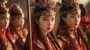 在中国的古战场上，几位美女身穿红色盔甲，头饰华丽，站成一列。他们长发披在肩膀上，脸上有精致的妆容。相机从近距离聚焦它们，突出显示细节和面部表情。在动漫的风格中，他们站得很高，散发出英雄的风度。