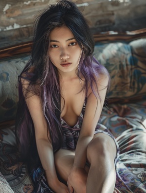 A yearly beautiful Chinese photography portrait of a flirty woman with long black violet hair, visible legs sittingcomfortably in an extreme saturated pose with sunlight ambiance, with a view from above.