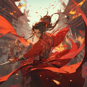 中国风，红衣少年，战斗，剑，背景宫殿，火焰