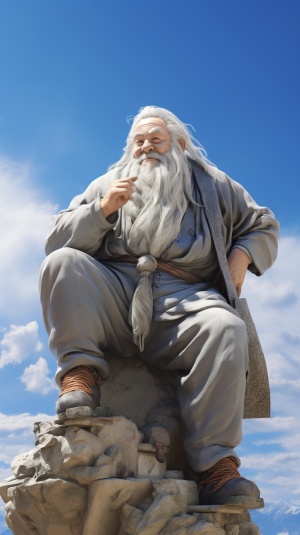 一个胖胖的白胡子老头，笑眯眯的坐在石头上，背后是蓝蓝的天空，