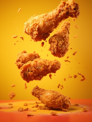 Crispy chicken legs in the air, The skin of crispy fried chicken legs scattered in the air, Yellow and red style，There's a little paprika on the chicken leg，Warm yellow background , Wide Angle, close-up,Focal length 55mm，Aperture f1.9，photo-realistic still life, Soft box lighting，Desktop photography