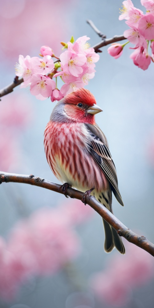正在盛开的粉红色桃花，高清晰画面，一只朱雀站在枝头