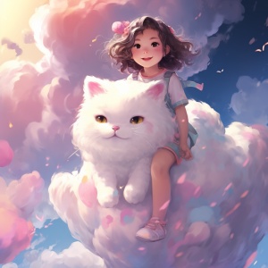 彩铅绘画，巨物崇拜，一只3000公斤巨大的白色可爱猫，在云端奔跑，背上骑着一个可爱的小女孩，周围是白云，七彩星星，大小对比，外面发光，光影层次，居中构图，浅粉色和白色的背景，东方美学，低饱和度，简单的细节，一点水彩画，粉猫投影，梦幻的感觉，柔和的色彩，柔和的灯光，干净的线条，彩铅风格，完美的构图，深刻的意境，礁石，莫奈配色，点画法勾勒曲线，作者:James R.Eads、Georges Seurat，丰富的细节，超高的品质