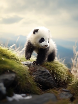 一只游走在世界边缘的小熊猫，以独特的姿态探索着每一寸土地。在我看来，每一片叶子，每一颗星星，都有它独特的故事和美丽。我的身影虽小，但我的梦想高远，像是寻找地平线上的秘密，追逐那未知的边际。完整咒语Cute little pandas, Super exaggerated fluffy hair,pink background, three cute panda babies stacked together, fluffy and delicate fur, cartoon style, cute anime style, ultra high definition resolution ar 9:16 s 250