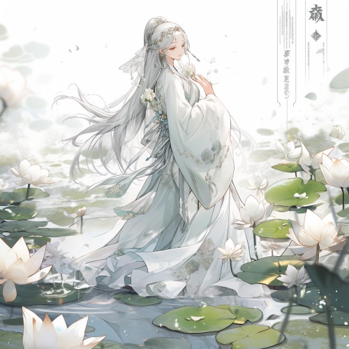 Twelve flower gods, fairies, December daffodils gods: Mrs. Zhen. Daffodils, white and noble, on the surface of the lake，全身，32k
