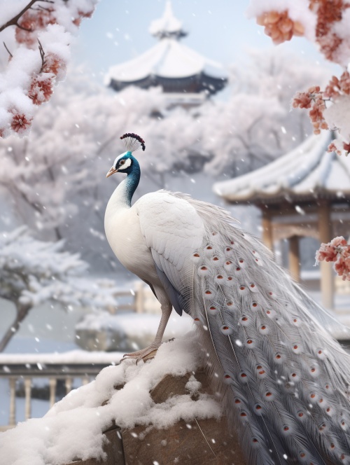 照片，白色背景，美丽的橙白色孔雀，大雪纷飞，中式纯白惠州建筑庭院，宁静，美丽，细节感高，柔和的月光，柔和的色彩，柔和的灯光，8k，细节深，细节清晰，高品质，高清，渲染，高清-upbeta