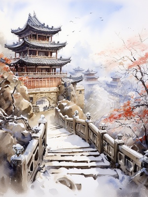 Ancient Chinese architectural watercolor painting, there are many, many, many buildings, palaces, winter, white, snow-capped, plum blossoms blooming, there is falling snow, the north wind howls, there are frozen ice cones on the eaves, realistic fantasy art style, anti-gravity architecture Style, majestic, competition-winning work, ultra-high details, high details, high definition, illustration, white background, extreme highlight perspective ar 3:4 niji 5