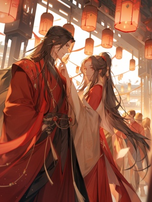 中国古代风格，情侣壁纸，白衣男子和红衣男子，气氛暧昧，微风