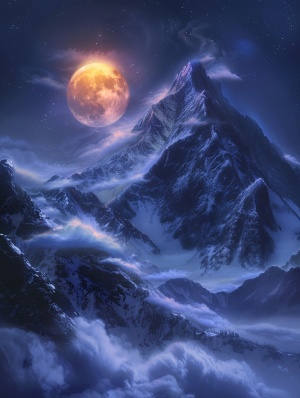 夜晚的梅里雪山，一轮明月，云海环绕，山峰层峦叠嶂，超清细节