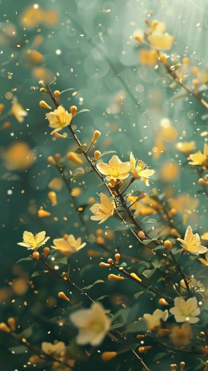 春天，细雨浸润迎春花，背景光芒，8k，极简风格