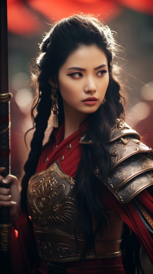 中国古风，身穿红色盔甲的女兵手持剑，手持弓箭在全队合影。美丽的女人有着精致的面部特征和华丽的服装，头上有黑色的头发和头饰。摄影具有高清晰度，电影质感，背景模糊，自然光线和景深效果，具有放松的风格。