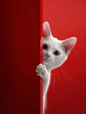 一个非常可爱的白色猫从门后窥视，红色背景，c4d，极简主义，最好的质量- 3:4 - v6