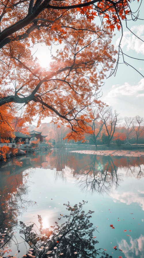中式风格，湖面上的树木倒映着阳光，呈现出北京东村的风格，浅绿和浅灰，淡蓝和暗红，美联社照片，怀旧魅力，日本风情，自然核心。