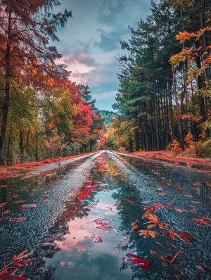 树林中的一条道路两旁都是树木，潮湿而多彩的树叶，秋雨，潮湿的道路和水坑反射出红色、橙色、绿色和黄色的颜色，树木、树林、天空和云创造了高清摄影捕捉到的美丽风景。