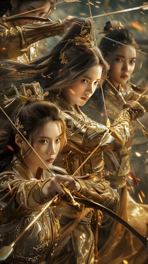 一群身着金色盔甲的美女，在战场上手持剑和射箭弓，以中国古代服装的风格，全身肖像，真实的照片，电影般的灯光效果，高清的细节，具有中国古代艺术的风格。