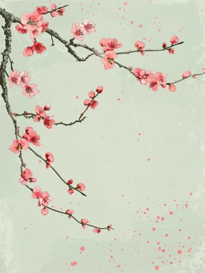 背景干净简洁，浅绿色背景配一枝粉色梅花