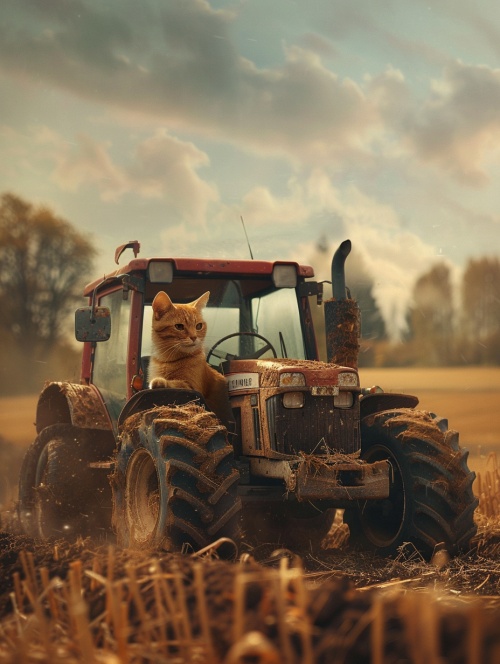 一只可爱的黄色猫在开拖拉机耕地，农忙，氛围感强，摄影，4K输出。