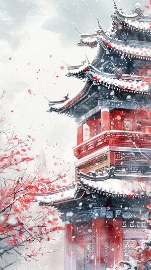 建筑冬天红柱渐白沙，枯藤聚冰花。咒语:Ancient Chinese architectural watercolor painting, there are many, many, many buildings, palaces, winter, white, snow-capped, plum blossoms blooming, there is falling snow, the north wind howls, there are frozen ice cones on the eaves, realistic fantasy art style, anti-gravity architecture Style, majestic, competition-winning work, ultra-high details, high details, high definition, illustration, white background, extreme highlight perspective ar 3:4 niji 5