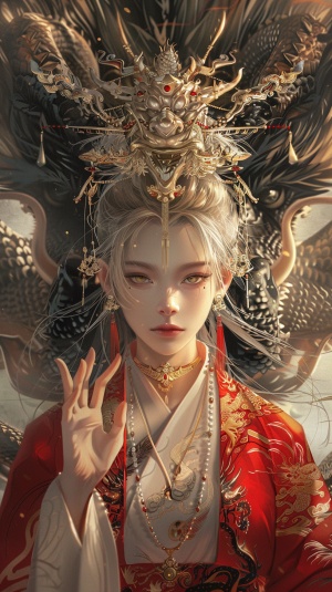 一条中国龙围绕着一个金色头发的古代女人，穿着红色和白色，举起她的手指做出沉默的手势，一只眼睛的一半被金面具覆盖。背景中有两条龙，她头上戴着精美的珠宝。她具有动漫风格的精致面部表情和眼睛。动漫风格的艺术品，暖色调，高分辨率和详细的细节，在