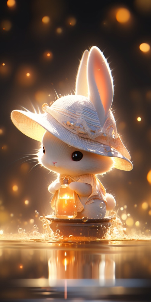 一只可爱的小兔子，带着白色的帽子，拟人化的，穿着金色发光的衣服，闪闪发光的背景，站在水上，黄色光芒，3D艺术，pop mart，盲盒玩具，黏土材质，明亮的色彩，自然光照，最好的质量，获奖作品，全高清8K🎈绘画风格：动漫-写实