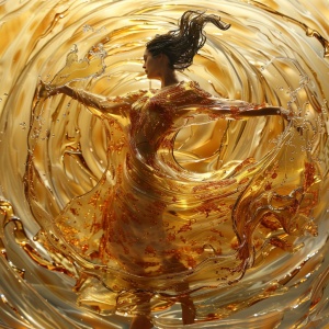穿着金色礼服的女人移动舞者的翅膀，量子波轨迹，动画 gif 风格，中国书法效果，漩涡，华丽，复杂的线条，玻璃雕塑