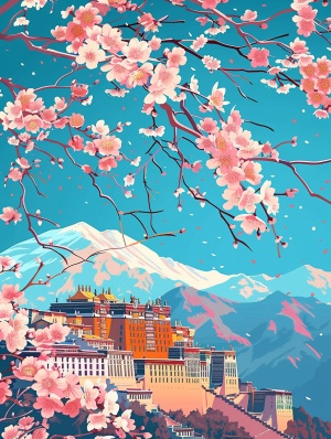布达拉宫的春天，咒语：西藏布达拉宫，点缀几枝樱花，微距花朵，青色远山，矢量插图，色彩干净明快，色彩鲜艳，卡通插图，细节。#奇域AI #人人都是ai艺术家 #Ai绘画 #布达拉宫 #西藏