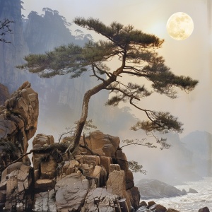 一轮月亮照中国，白水泉边日月明，山石岩旁木公松，等闲识得东风面，