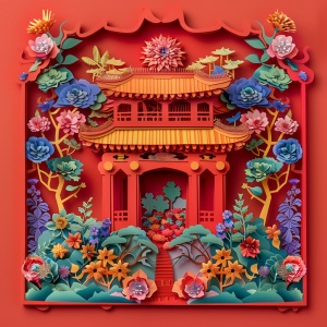 The paper-cut work adopts the traditional Chinese architectural style, colorful flowers and trees, symmetrical composition on a light red background, imagination and advanced sense of detail, using multi-dimensional paper and octane rendering in exquisite kirigami craftsmanship, 3D effect, soft light.