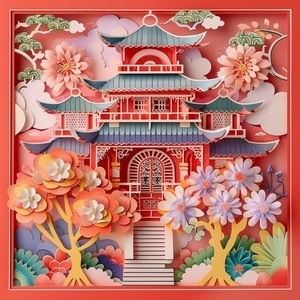 The paper-cut work adopts the traditional Chinese architectural style, colorful flowers and trees, symmetrical composition on a light red background, imagination and advanced sense of detail, using multi-dimensional paper and octane rendering in exquisite kirigami craftsmanship, 3D effect, soft light.