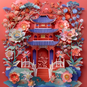 The paper-cut work adopts the traditional Chinese architectural style, colorful flowers and trees, symmetrical composition on a light red background, imagination and advanced sense of detail, using multi-dimensional paper and octane rendering in exquisite kirigami craftsmanship, 3D effect, soft light.